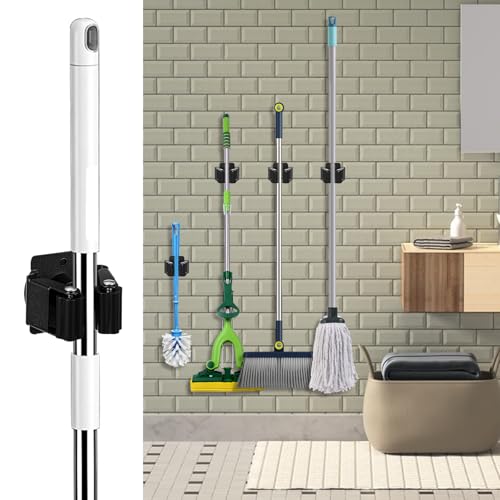 24 Pack Broom and Mop Holder Wall Mount, Hanging Clamp Clip Hanger Utility Rack, Heavy Duty Stainless Steel Adjustable Clamp Organizer with Screws for Garage, Home, Garden Tools, Black