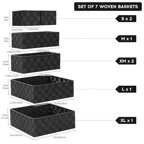 Posprica Small Baskets for Organizing(7 Set) Woven Storage for Shelves, Bathroom, Decorative Closet Organizer, Dresser Bins, Shelf - color: Black-7pcs