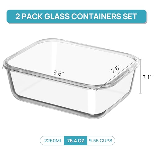 Vtopmart 2Pack 2260ml/ 76.4oz Large Glass Storage Containers with Lids, Meal Prep Food Container Set with Snap Airtight Lid for Baking, Microwave, Oven, Leak Proof, for Freezer, Dishwasher, Grey - color: Grey, size: 76.4oz