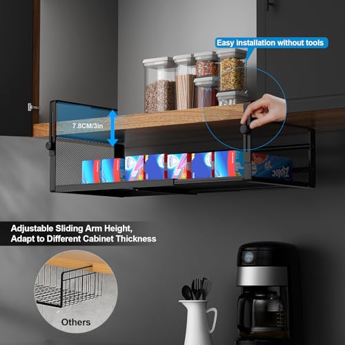AmonHouseware 2Pack Under Shelf Basket, Adjustable Hanging Under Cabinet Shelf Storage, Hanging Holder Length Stretchable 14.9-22.6Inch for Kitchen Pantry Desk Counter Bookshelf Cupboard (Black) - color: Black