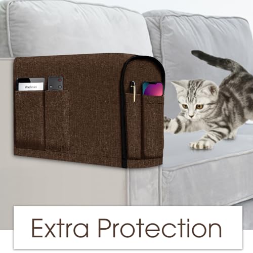 Joywell Linen Armrest Covers for Living Room Anti-Slip Sofa Arm Protector for Dogs, Cats, Armchair Slipcover for Recliner with 4 Pockets for TV Remote Control, Phone, Set of 2, Dark Brown