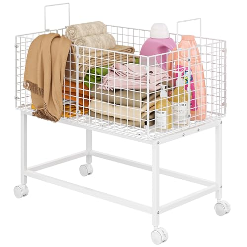 Large Rolling Laundry Basket Cart,Wire Laundry Hamper Cart with Handle and Wheels,White High Laundry Hamper for Laundry Room,Bedroom and Bathroom-120L White (29.5"L*19.7"W*27.95"H inch) - style: Large Oblong-White