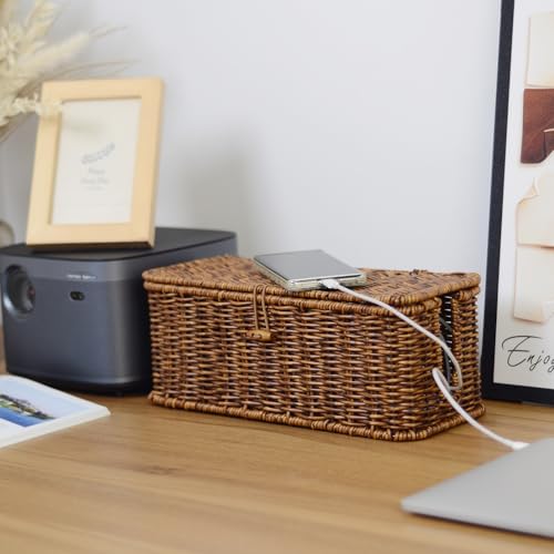 BROWNLILY Rattan Wire Storage Box, Handmade Cord Organizer for Desk Cord Hider Outlet Covers Baby Proofing for Power Strip TV PC Router Charger Under Desk Cable Management Box - color: Brown, size: Set (L+M)