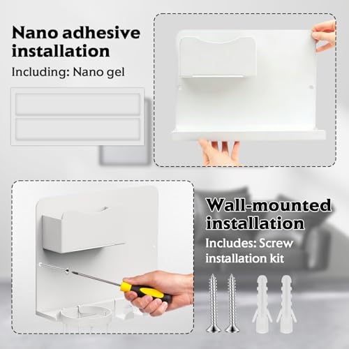 SPOKKI Floating Bedside Wall Shelf Organizer with Remote Control Holder;Metal Adhesive Wall Mount Nightstand Shelf for Bedroom;Dorm Room Essentials;Bed Shelf for Phone,Earphone,Kindle (White) - color: White