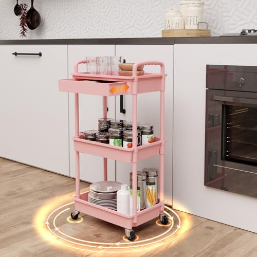 REBECAT 3 Tier Rolling Utility Cart with Drawer,Storage Cart,Rolling Cart for Kitchen,Bathroom,Living Room,Storage Organizer with Iron Wheels（Pink - color: Pink