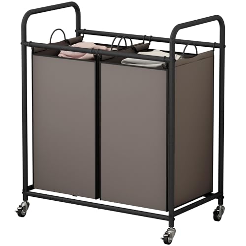 SUOERNUO Laundry Hamper Basket 2 Bag Laundry Sorter Cart with Rolling Lockable Wheels and Removable Bags Laundry Organizer Cart for Clothes Storage, Assorted - color: Brown, size: 2 Bags
