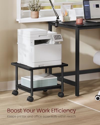 VASAGLE Printer Stand with Locking Wheels, Industrial Mobile Cart, Under Desk Printer Table for Home Office, 18.9 x 15.7 x 13.4 Inches, Storage Shelf, 2-Tier, Ebony Black - color: Ebony Black, size: 2 Tiers/Compact