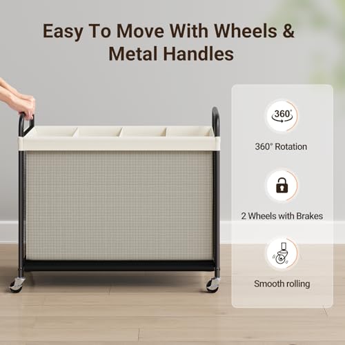 ELYKEN Laundry Hamper 4 Section, 140L Rolling Laundry Sorter with Removable Liner Bag, Laundry Basket with Wheels, Steel Frame with Metal Handle, Clothes Hamper Cart for Laundry Room & Bedroom - color: Beige, size: 4-Section