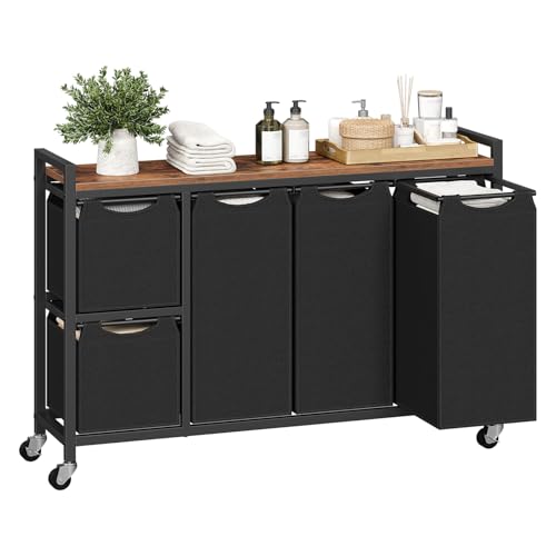 HOOBRO Laundry Sorter with 5 Sections, 45.5 Gal. (170 L) Laundry Hamper with Wheels and Shelf, Large Capacity, Laundry Basket with Removable Bags, 44.1"L x 11.8"W x 31.5"H, Rustic Brown, BF26XY01