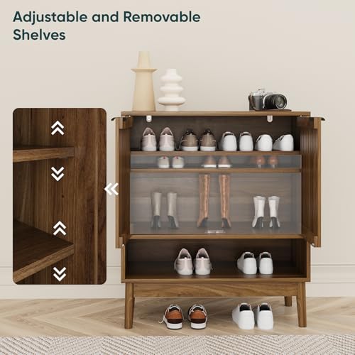 Kiasthome Shoe Storage Cabinet with Adjustable Shelves, Wooden Shoe Organizer, Shoes Rack for Entryway, Hallway, Living Room (Walnut, 27.56" W) - color: Walnut, size: 27.56" W