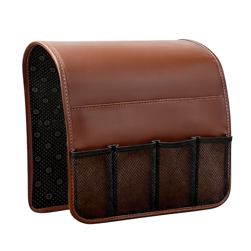 Anti-slip Sofa Armrest Bag with 5 Pockets Leather Remote Control Holder Organizer for Tablet Magazine Newspaper Glasses Earphone
