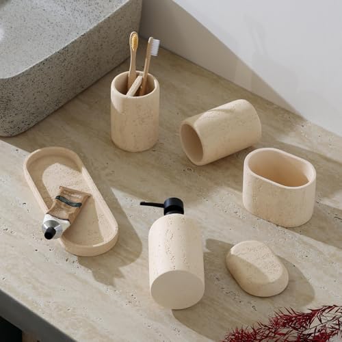 Bathroom Accessories Set, Travertine Stone-Look, 5 PCS Bathroom Accessory Set with 13.53 OZ Soap Dispenser, Toothbrush Holder, Tumbler, Vanity Tray, Cotton Swab Jars for Countertop (Yellow) - color: Yellow 5 Pcs