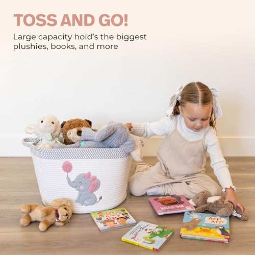 Elephant Storage Basket for Nursery – Large 15”x11” Cotton Rope Bin with Soft Felt Elephant Patch – Toy Organizer, Baby Laundry Hamper, Diaper & Towel Holder – Foldable, Washable & Baby-Safe - color: Girl Elephant
