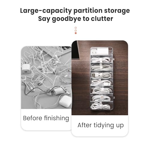 Cable Organizer Kit with 8-Compartment Cord Storage Box (without Lid) and 10 Wire Ties, Clear Plastic Desk Organizer for Cables, Chargers, Accessories for Home Office - size: Without Lid