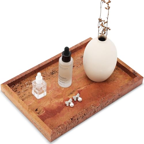 Real Natural Marble Tray for Bathroom, Vanity, Kitchen and Desktop, Rectangle Genuine Marble Stone Tray for Jewelry, Cosmetics, Candles, Lotion, Perfume (Red, 12" x 8" x 1.2") - color: Red, size: 12" x 8" x 1.2"