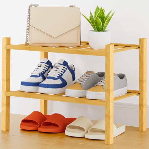 Smiry Shoe Rack, 2 Tier Thick Small Bamboo Shoe Organizer, Stackable Free Standing Wooden Shoe Storage Shelf for Closet, Entryway, Front Door Entrance, Natural - color: Natural, size: 17.32" Wide - 2 Tier - Thicker