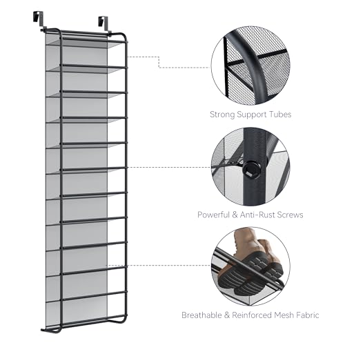 Whitmor 36 Pair Over The Door Shoe Organizer, 12 Tier Hanging Shoe Organizer, Heavy Duty Metal & Mesh Shoe Holder, Hanging Shoe Rack for Closet Organizer, 69"L x 21.7"W x 7.5"H, Matt Gunmetal - color: Matt Finish Gunmetal, size: Shoe Rack