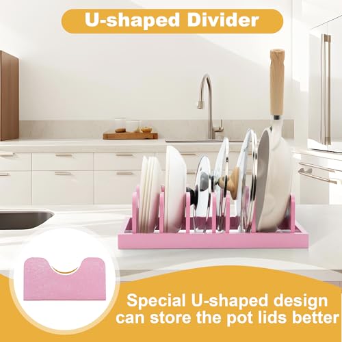 MinBoo Bamboo Pot Lid Organizer Pot Lid Holder, Pot and Pan Organizer Drawer Organizer for Pot Lids, Pans, Dinner Plates, Reusable Containers in Cabinet Storage,Pink - color: Pink