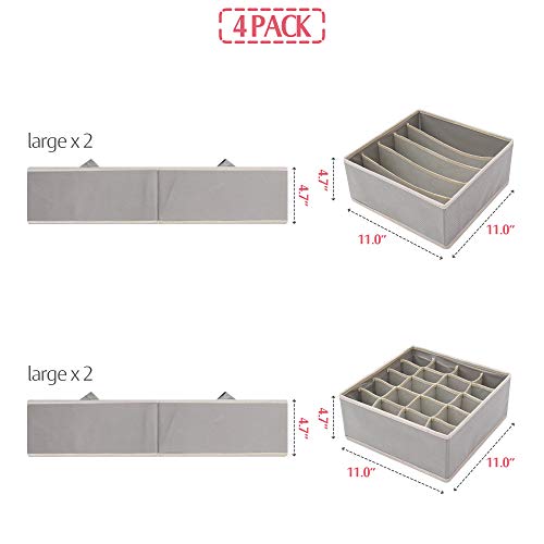 DIOMMELL Set of 4 Foldable Cloth Storage Box Closet Dresser Drawer Organizer Fabric Baskets Bins Containers Divider for Clothes Underwear Bras Socks Lingerie Clothing, Grey 22-0000 - color: Light Grey