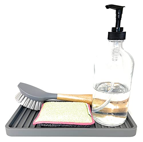 Happitasa Silicone Kitchen Sink Organizer Tray, Sponge Holder and Countertop Protector | Bathroom and Kitchen Soap Dish and Dispenser Tray (Grey, 10"x5.25") - color: Gray, size: 10" x 5.3" x 0.6"