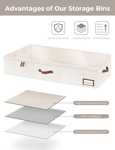 StorageWorks Extra Large Under Bed Storage Containers with Handles and Label Holder, 2 Pack Ultra-thick Fabric Underbed Bins, Closet Organizer for Clothes, Blankets, Sweater - color: Beige, size: Extra Large-without Wheels