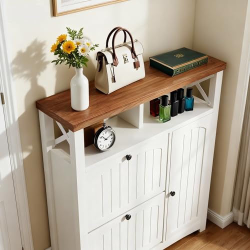 YITAHOME Farmhouse Shoe Cabinet with 2 Flip Drawers, Wood Shoe Rack w/Adjustable Shelves and Open Storage, Rustic Entryway Organizer for Hallway, Foyer, Porch, Living Room, White