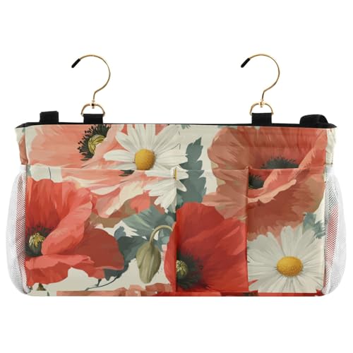 Bedside Caddy Metal Frame Hanging Organizer Bunk Bed Dorm Accessories Hook And Loop Storage Bag Large Pockets Beige Poppy Chamomile - color: Beige Poppy Chamomile
