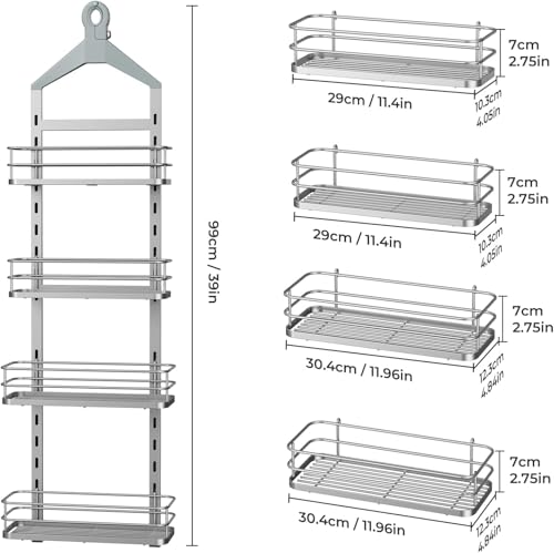 ODesign 4 Tier Height-Adjustable Shower Caddy Hanging Anti-Swing-Over The Shower Head Caddy- Storage Organizer Bathroom Shelves Basket Caddies-Silver - color: Silver, size: 4 Tier