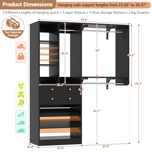 Besiost Closet System - 60"/92" Closet System with Drawers, 5FT/7.67FT Closet Organizer System with Reversible Hanging Shelving and Hanging Rods, for Small/Walk-in Closets, Black - color: Black, size: 5FT