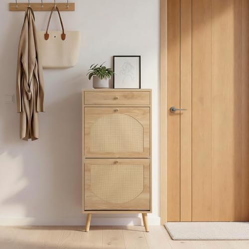 Karl home Shoe Rack Storage Organizer, Rattan-Panel 1-Drawer 2-Tilt-Out Shoe Storage Cabinet, Hidden Shoe Storage for Entryway,Ideal for Heels,Slippers,Casual Shoes,Natural Wood Finish - color: Natural Wood Finish, size: 1-Drawer 2-Tilt-Out