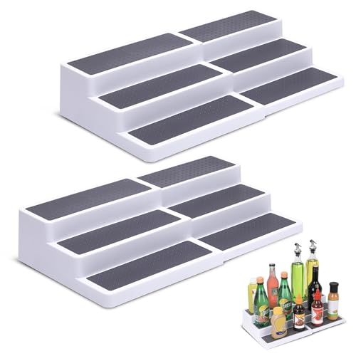 CiWiVOKi 3-Tier Expandable Spice Rack, Plastic Spice Rack Organizer for Cabinet, Adjustable Length, Non-Skid Spice Shelf Organizer for Kitchen Cabinet, Countertop or Pantry, 2 Pack, White/Grey - color: White/Gray(Pack of 2), size: 9.5"-17.5"