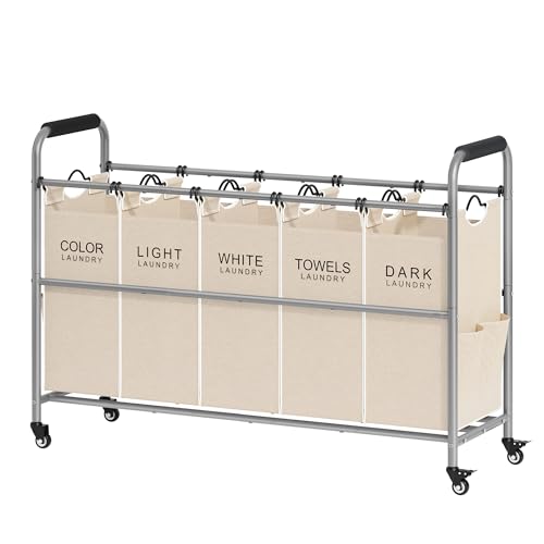 Tajsoon Laundry Sorter 5 Sections, Laundry Hamper with Heavy Duty Lockable Wheels and Removable Bags, 5 Bag Rolling Laundry Sorter Cart for Dirty Clothes Storage, Laundry Separator Hamper, Beige - color: Beige