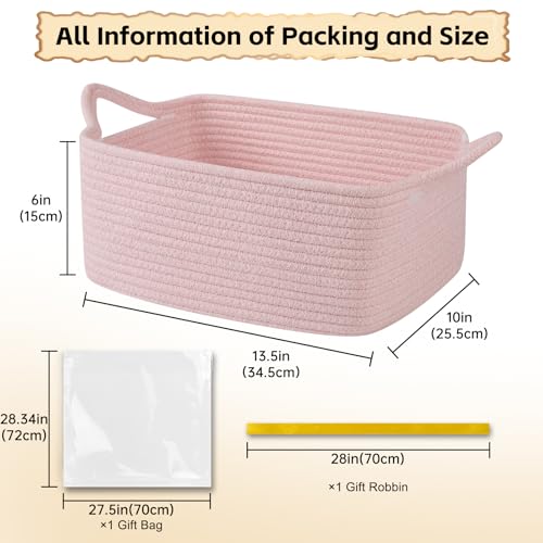 OIAHOMY Woven Basket, Gift Basket Empty with Gift Bags and Ribbons, Rope Baskets for Baby Showers, Storage Baskets with Handles for Nursery, Pet Toy Organizer - Mixed Pink - color: Mixed Pink, size: Medium: 13.5L*10W*6H