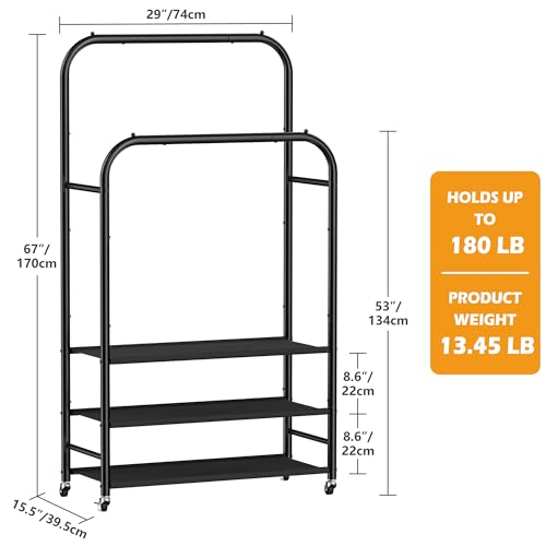 HOMIDEC Double Rods Clothes Rack Clothing Rack with 3 Tier Storage Shelves Clothes Rack for Hanging Clothes Multifunctional Clothes Organizer Bedroom,Wardrobe Closet,Shop,Black - color: Gloss Black