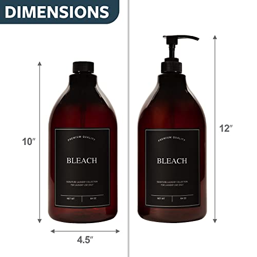 Calindiana Modern Farmhouse Bleach Liquid Laundry Detergent Dispenser for Laundry Room Decor and Organization, PET Plastic Landry Soap Containers with Water Resistant Label, Amber 64oz - color: Amber Bottle/Black Label, style: BLEACH