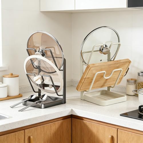 304 Stainless Steel Kitchen Pot Lid Storage Rack, Pot Lid Holder while Cooking, Pot Lid Organizer with Removable Tray & Spoon Rest,Waterproof & Rustproof(Beige+Grey, 2 Layer) - color: Beige+Gray, size: Double