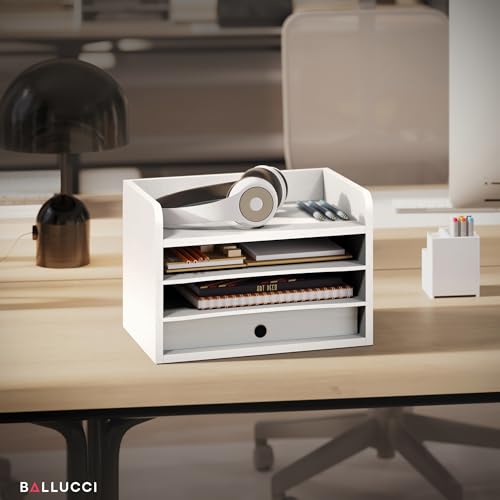 Ballucci File Organizer, 4-Tier Office Desk Organizer, Open Top Wood Paper Organizer for Classroom, Mail Sorter Paper Tray with Adjustable Storage Shelves, White - color: White, size: 4 Tier Open-Top