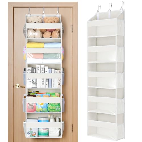 Yecaye 5 Tier Clear Over the Door Organizer Hanging, 5 Large Plastic Pockets and 10 Side Pockets Back of Door Organizer, 56lbs Weight Capacity Behind the Door Storage for Nursery, Ivory White - color: Ivory White