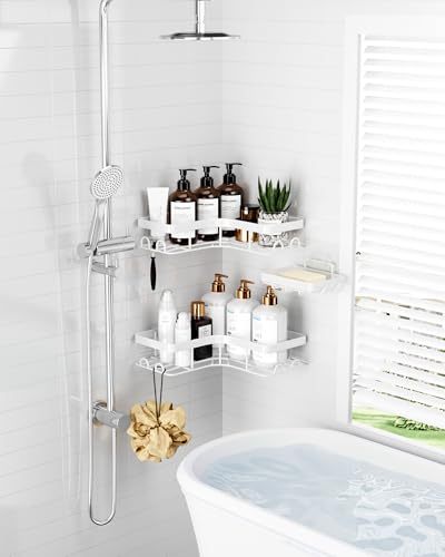 Sakugi Corner Shower Caddy - 3-Pack Shower Organizer with Soap Holder & Built-In Hooks, Rustproof Metal Shower Shelves, Laundry, Kitchen, Bathroom Organizers and Storage Solution, Large, White - color: White, size: Large - 3 Packs