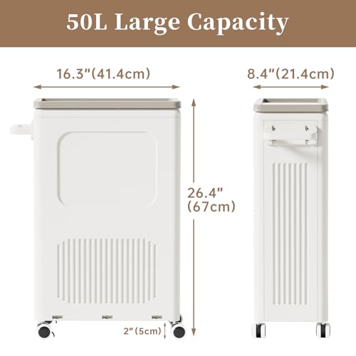 HAIXIN HOME Slim Laundry Hamper with Lid, 50L Plastic Tall Laundry Basket with Wheels, Compact Size for Narrow Space, Rolling Laundry Cart with Handle for Easy Transport to Laundry Room - color: Milky, size: 50L - 1 Pack