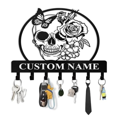 Personalized Key Holder for Wall - Coat Rack Wall Mount with Skeleton & Rose Flower Design, Metal Key Organizer with Hooks, Skull Wall Decor for Bedroom Living Room Entryway, Personalized Gift - color: Color02 Skeleton & Rose Flower