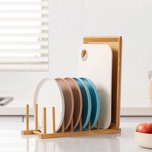 HBlife 2pcs Heighten and Widen Bamboo Dish Drying Rack Plate Bowl Cup Book Pot Lid Cutting Board Stand Drainer Storage Holder Organizer for Kitchen Cabinet - color: Rod 4inch High 6slots With 6inch High 2slots 2pcs