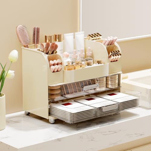 Makeup Organizer for Vanity with 2 Large Drawers, Cosmetic Display Case with Brush Holders, Easy to Storage for Bathroom Countertop Skincare, Perfume, Cream White - color: Cream White