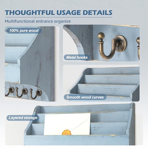 Rebee Vision Pine Wood Key Holder Wall Mount - Farmhouse 3-Tire Mail Holder with 6 Key Hooks for Home Decor- Multifunctional Wall Organizer for Entreyway, Living Room (Blue) - color: Blue