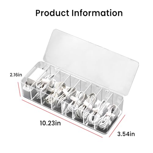 Cable Organizer Kit with 8-Compartment Cord Storage Box (with Lid) and 10 Wire Ties, Clear Plastic Desk Organizer for Cables, Chargers, Accessories for Home Office - size: With Lid