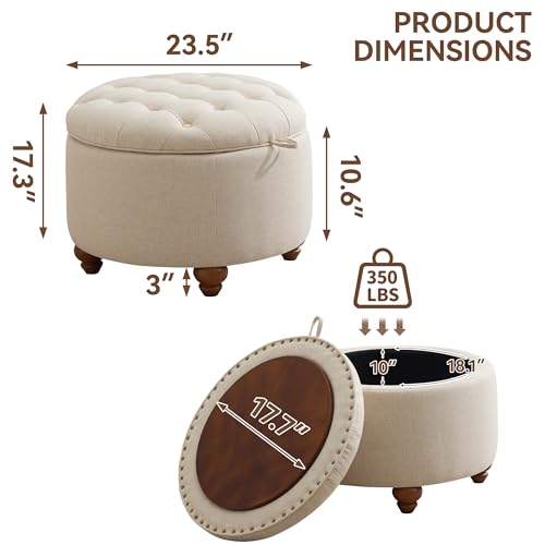 WUTUTUEE 24Inch Round Storage Ottoman with Tray, Modern Tufted Fabric Circle Coffee Table with Storage, Upholstered Ottoman with Removable Top for Living Room, Bedroom, Khaki - color: Khaki, size: 24 Inch