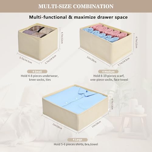 Dresser Drawer Organizers, Drawer Organizer Clothes Set for Nursery, Closet, Bedroom-12 Pack Foldable Fabric Drawers Organizer Storage Dividers for Sock, Bra, Lingerie, Undies, Baby Clothes, Beige
