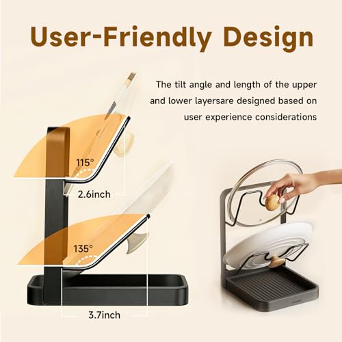Kitchen Pot Lid Storage Rack, 2-Tier Lids Holder with Detachable Drip Tray While Cooking, Multifunctional Countertop Organizer for Cutting Boards, Ladles and Pan Covers