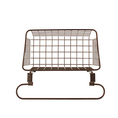 Spectrum Grid Medium Over Cabinet Hanging Basket & Towel Bar for Inside The Kitchen Bath Storage, Easy Install Cabinet Door Wire Metal Basket Hanger with Towel Holder for Kitchen Bathroom, Bronze