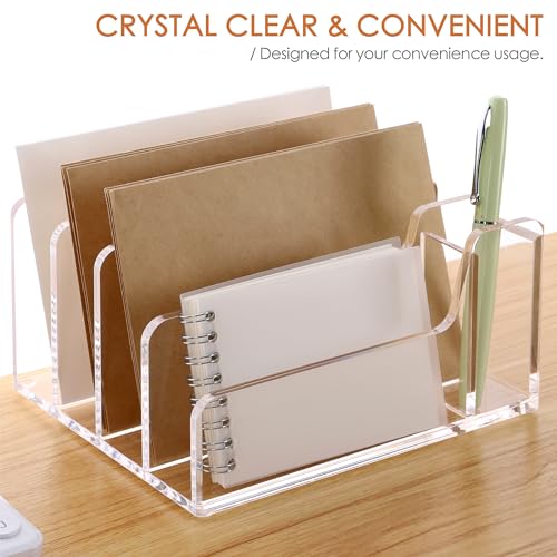 SANRUI Acrylic Mail Organizer, 5 Compartments File Holder for Desk,Letter Sorter with Pen Holder,Desk Organizers and Accessories,Clear Cute Mail Sorter - style: 4 Sections with Pen Holder